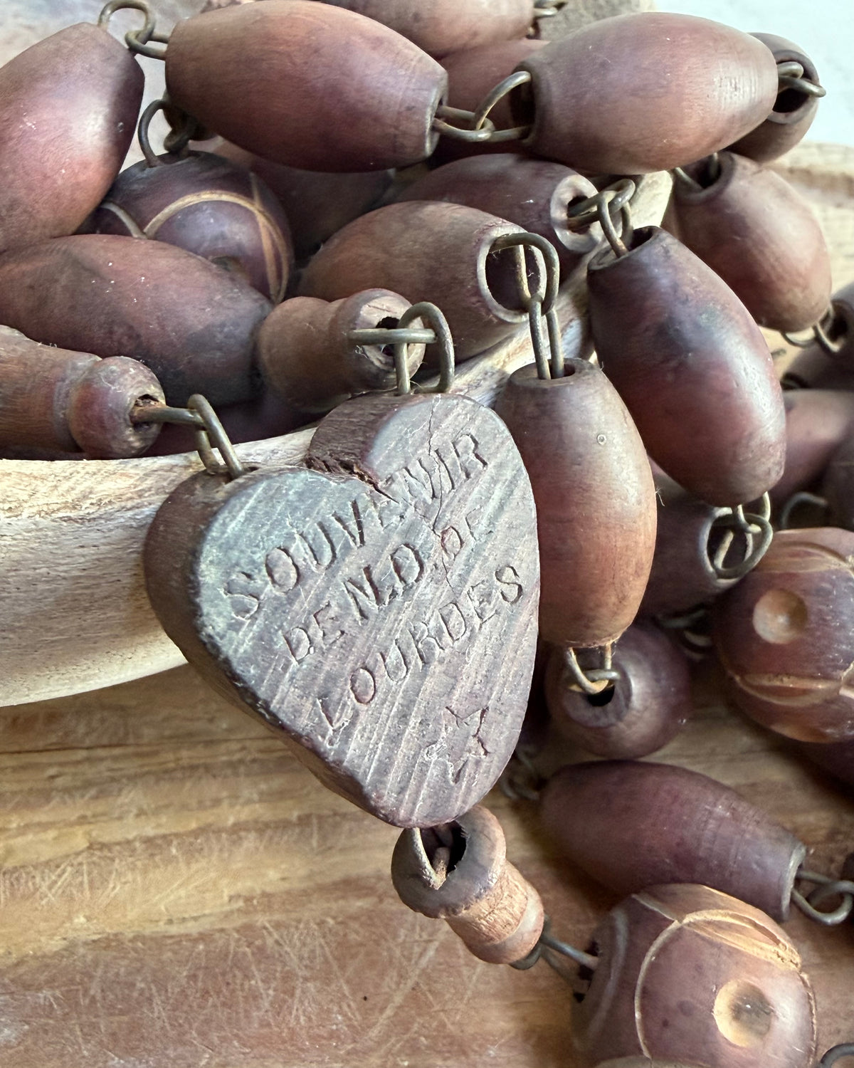 Vintage French Lourdes Rosary (Chapelet) – Wooden Pilgrimage Beads