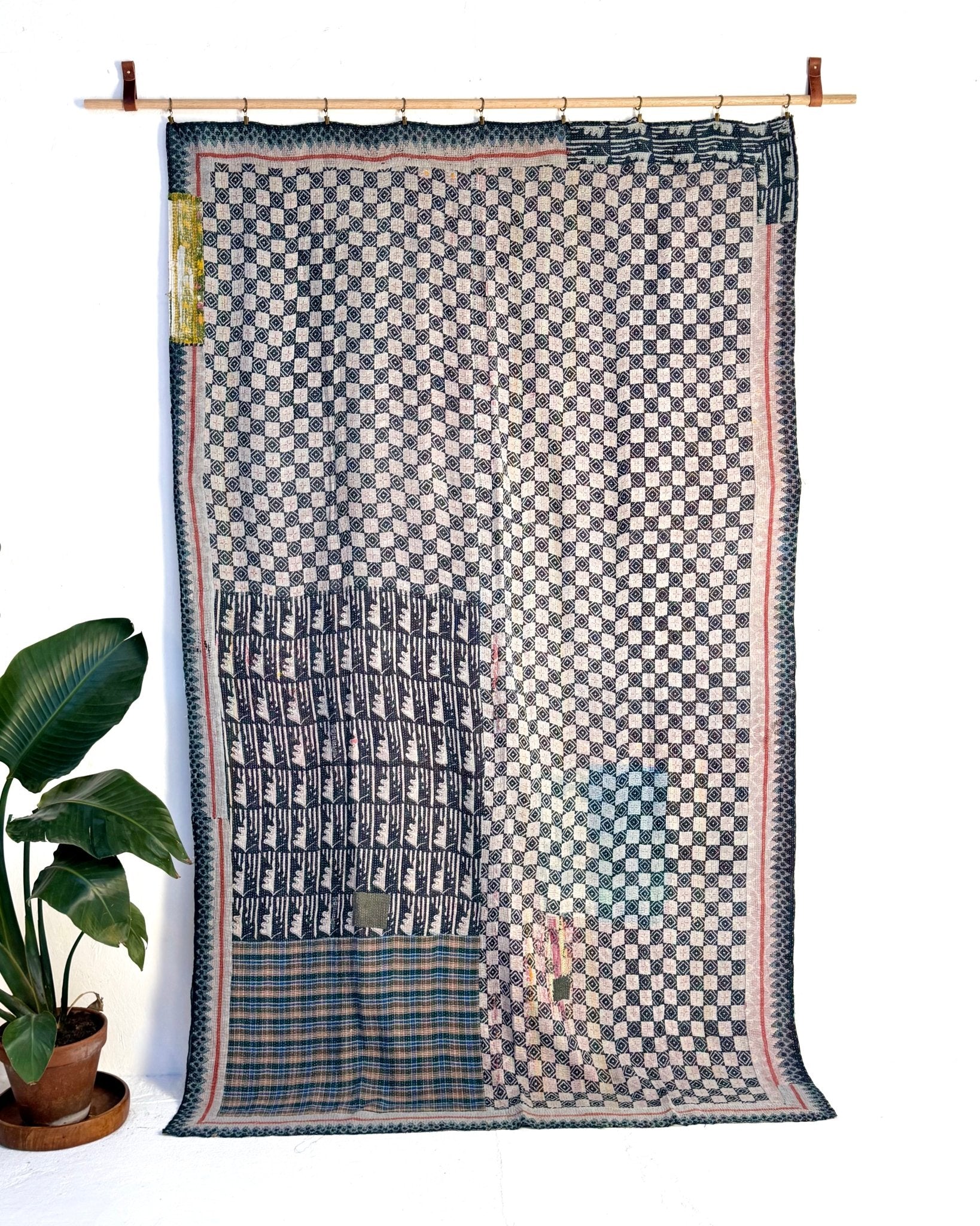 Extra Large Textured Vintage Kantha Quilt In Blue, Red and Green - Biggs & Hill