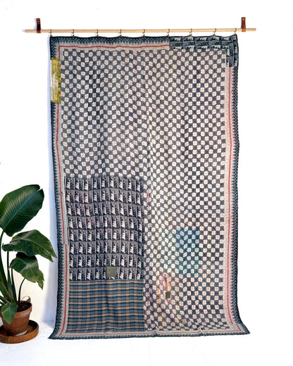 Extra Large Textured Vintage Kantha Quilt In Blue, Red and Green - Biggs & Hill
