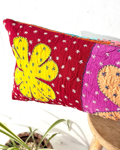 Vintage Kantha Bolster Cushion Cover In Flower Patchwork - 80cm