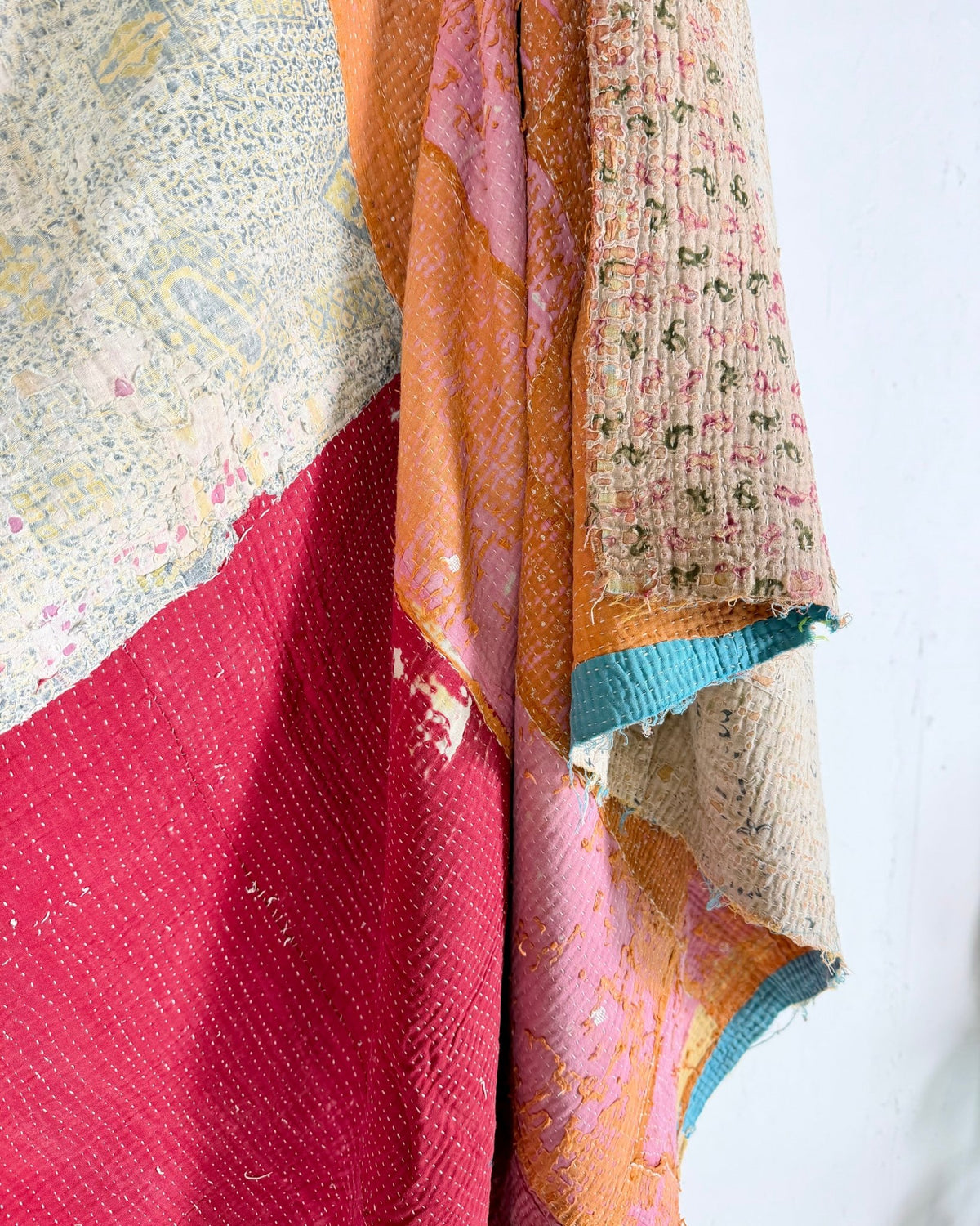 Textured Vintage Kantha Quilt in Patchwork Pink, Orange and Blue - Biggs & Hill