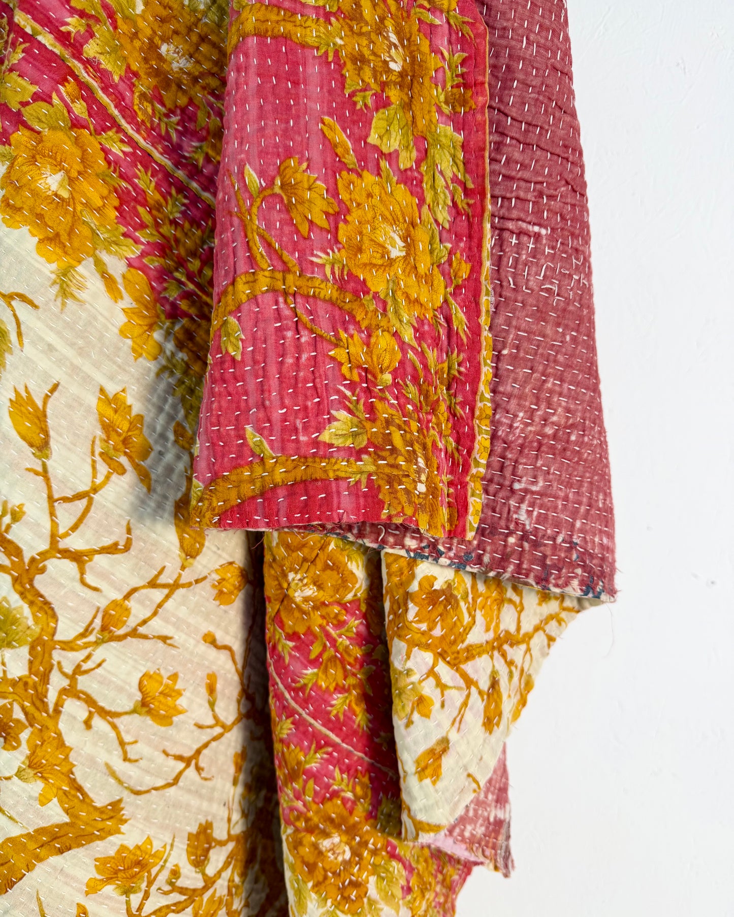 Extra Large Large Fine Stitched Vintage Kantha Quilt in Pink and Yellow