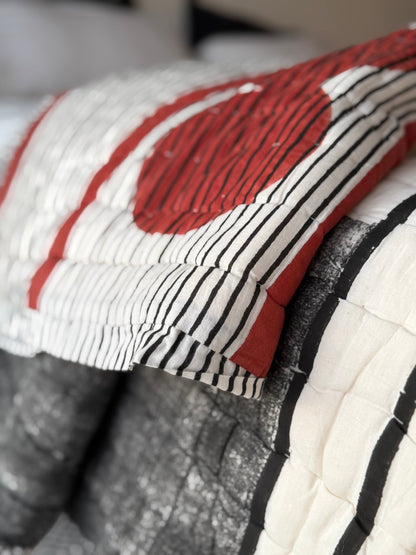 Quilted Kantha With Sun Pattern In Black, White and Red - KING - Biggs & Hill