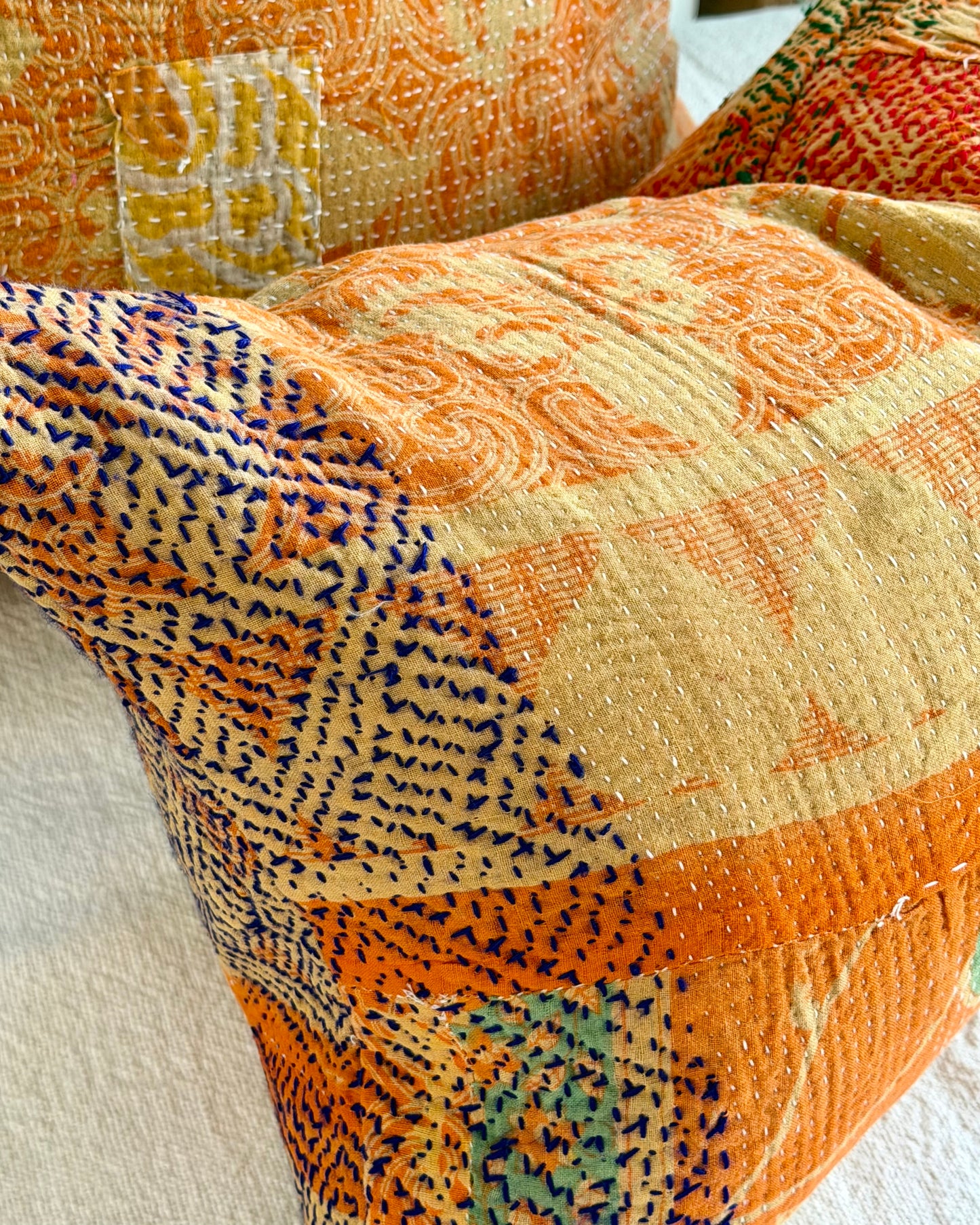 Vintage Kantha Cushion In Orange and Green - Small Rectangular