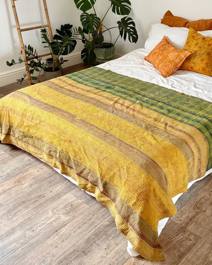 Ajrakh Printed Vintage Kantha Quilt In Green-Gold - Biggs & Hill