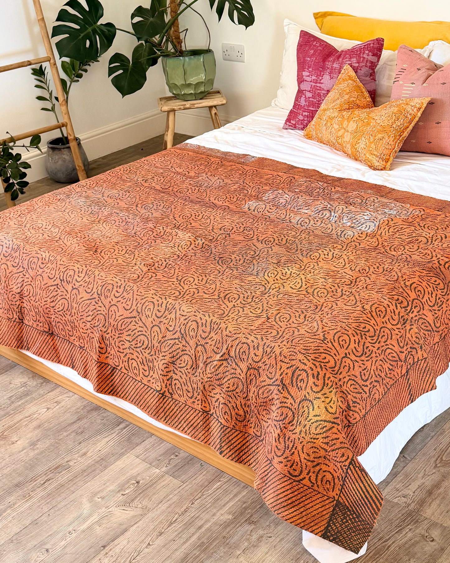 Ajrakh Printed Vintage Kantha Quilt In Orange And Green