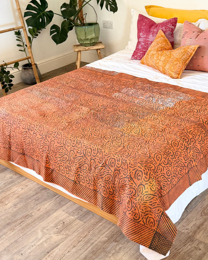 Ajrakh Printed Vintage Kantha Quilt In Orange And Green
