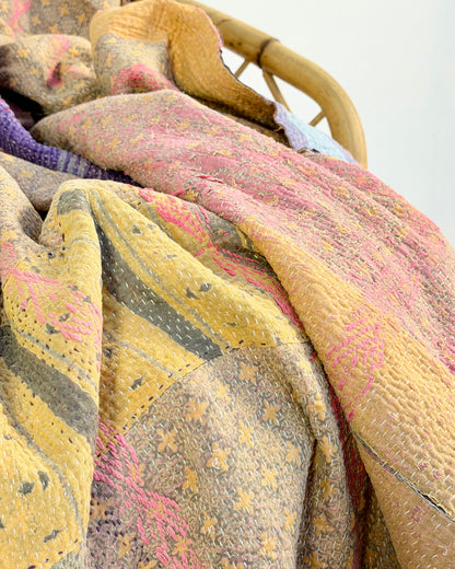 Embroidered Vintage Kantha Quilt in Yellow, Pink and White