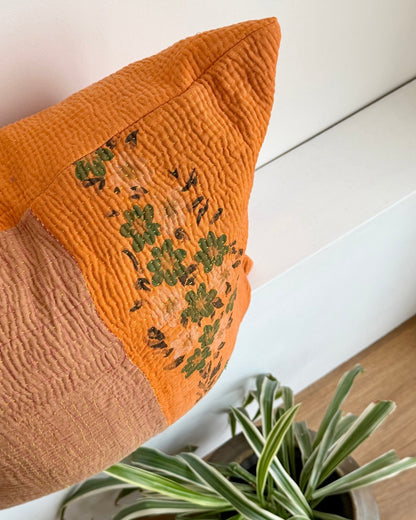 Vintage Kantha Cushion In Orange and Brown Floral 03 - 50cm Square - Biggs & Hill