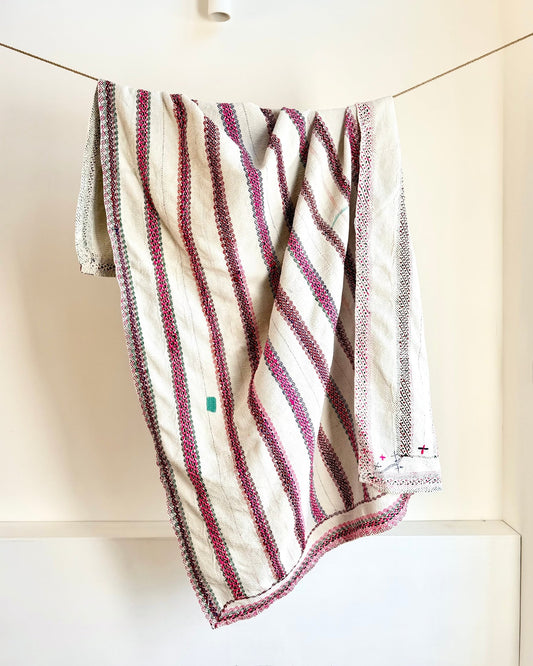 Heavy Embroidered Stripe Vintage Kantha Quilt in White, Pink and Red