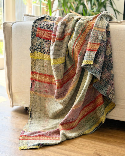 Textured Vintage Kantha Quilt In Green and Gold - Biggs & Hill