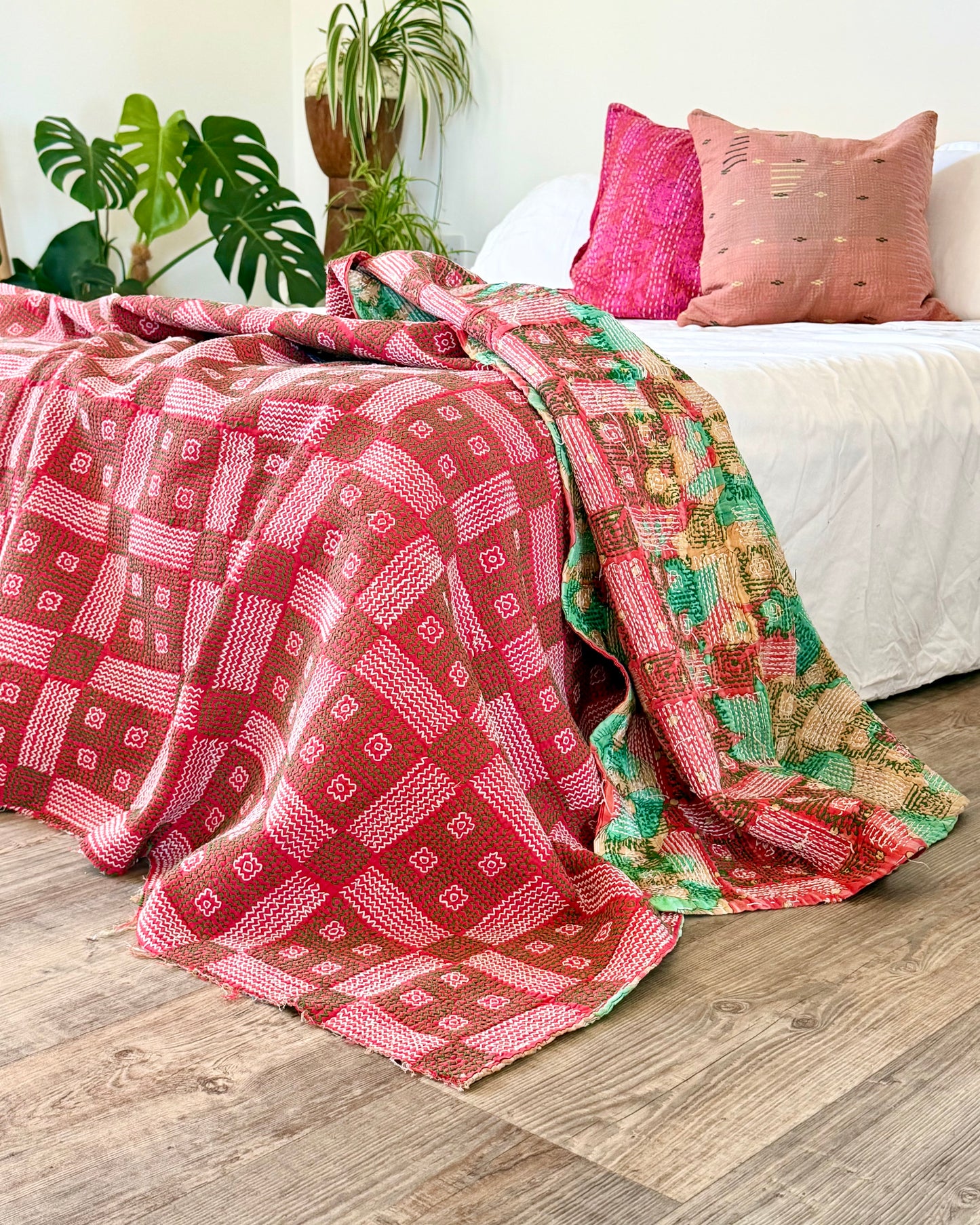 Heavy Vintage Galicha Kantha Quilt In Pink and Green