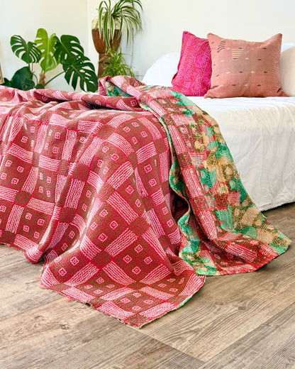 Heavy Vintage Galicha Kantha Quilt In Pink and Green