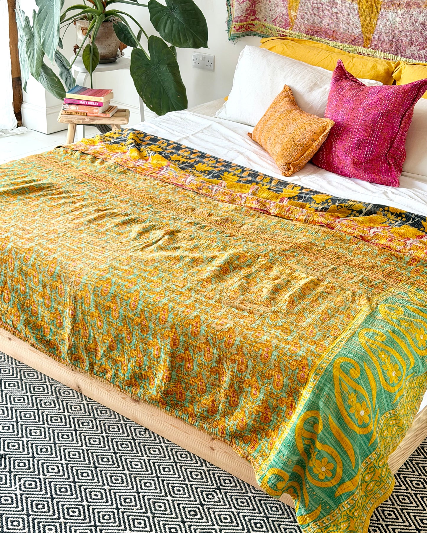 Extra Large Large Fine Stitched Vintage Kantha Quilt in Orange and Navy Blue