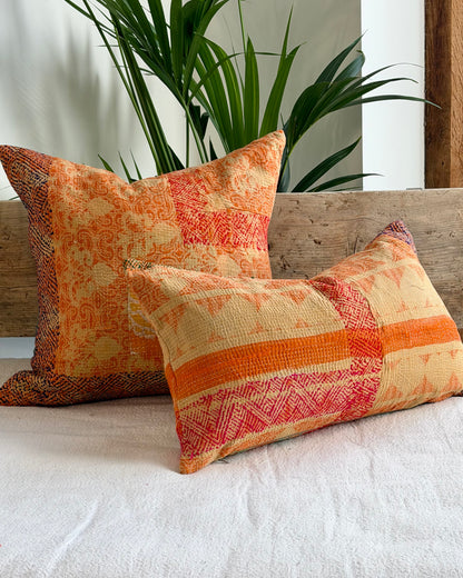 Vintage Kantha Cushion In Orange and Green - Small Rectangular