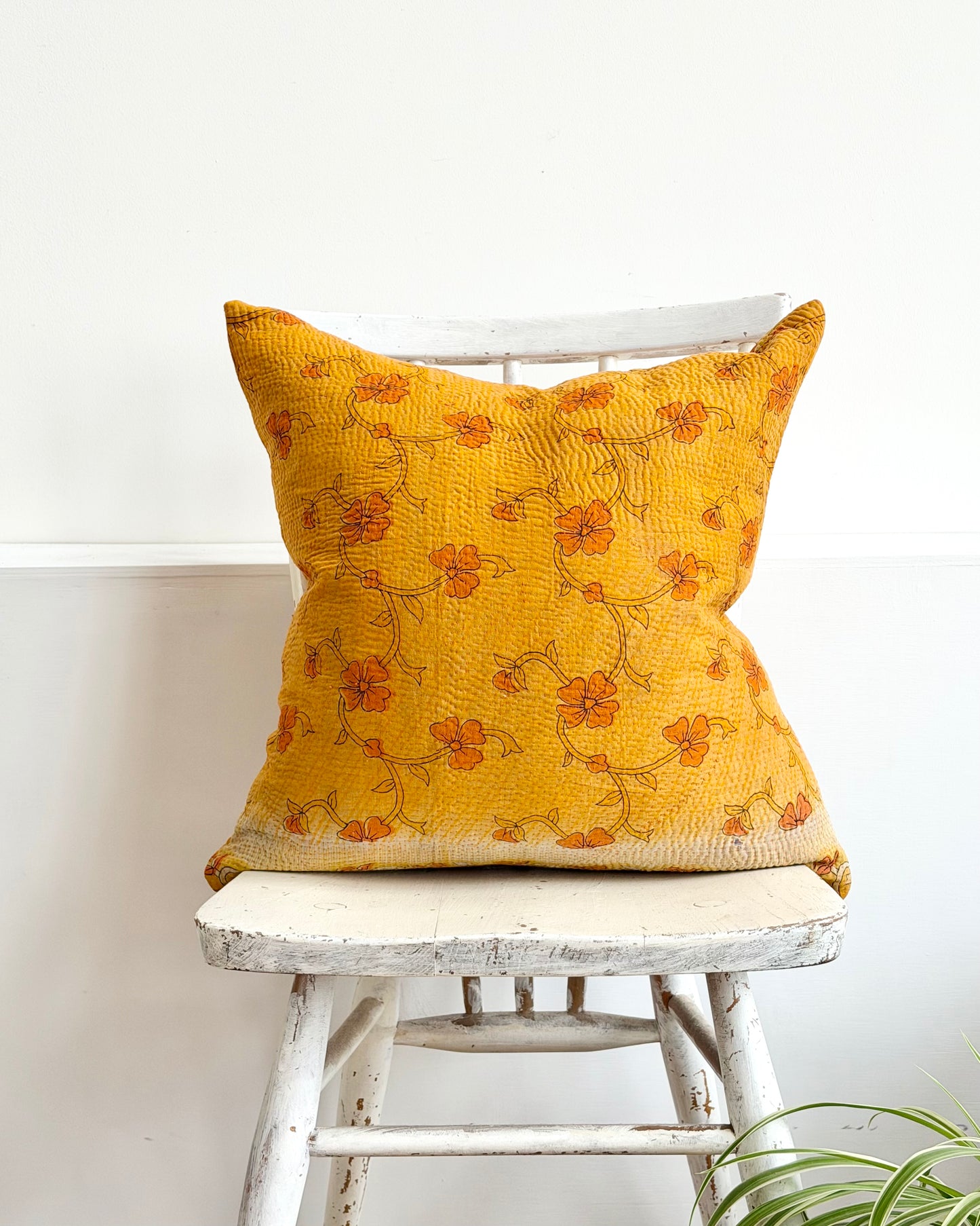 Vintage Kantha Cushion In Yellow Floral - 45cm Square