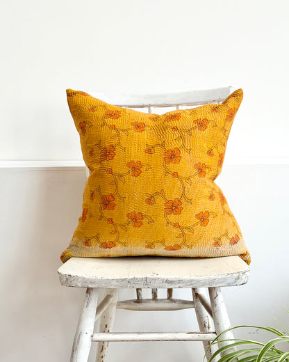 Vintage Kantha Cushion In Yellow Floral - 45cm Square