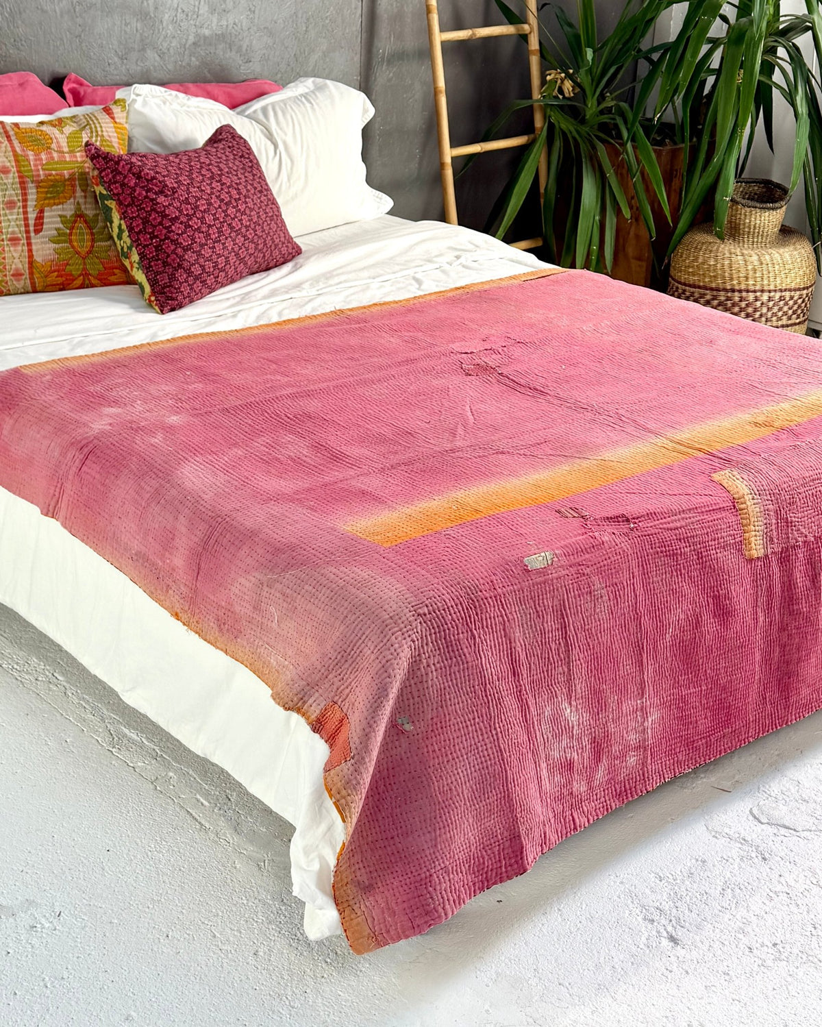 Fine Stitched Vintage Kantha Quilt with Geometric Orange Patterns - Biggs & Hill