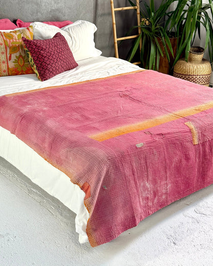 Fine Stitched Vintage Kantha Quilt with Geometric Orange Patterns - Biggs & Hill