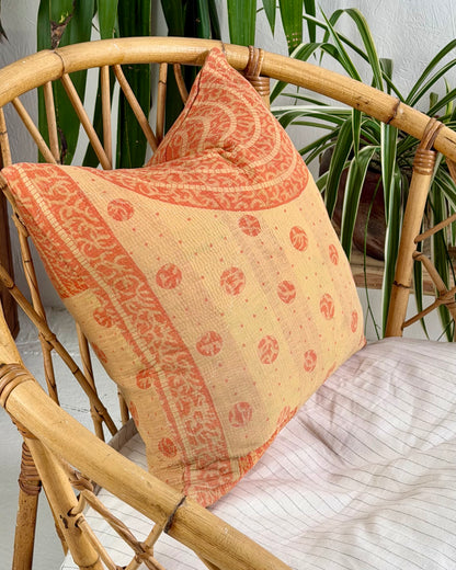 Handmade Vintage Kantha Cushion Cover In Orange and Beige - 45cm (18") Square