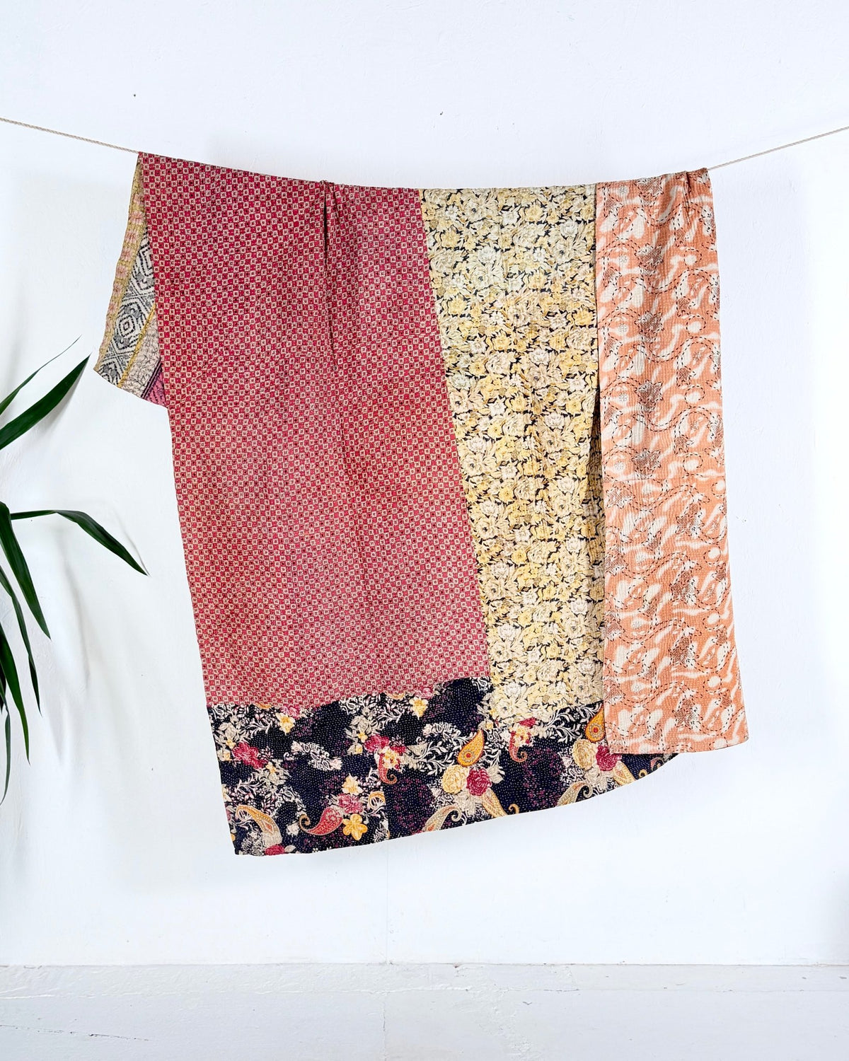 Fine Stitched Vintage Kantha Quilt in Peachy Pink and Mustard - Biggs & Hill