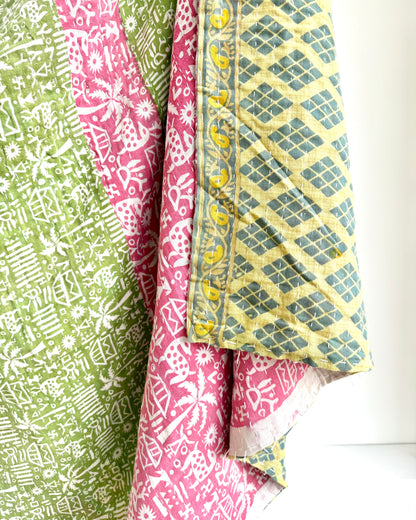 Vintage Cotton Kantha Quilt In Green and Pink #45