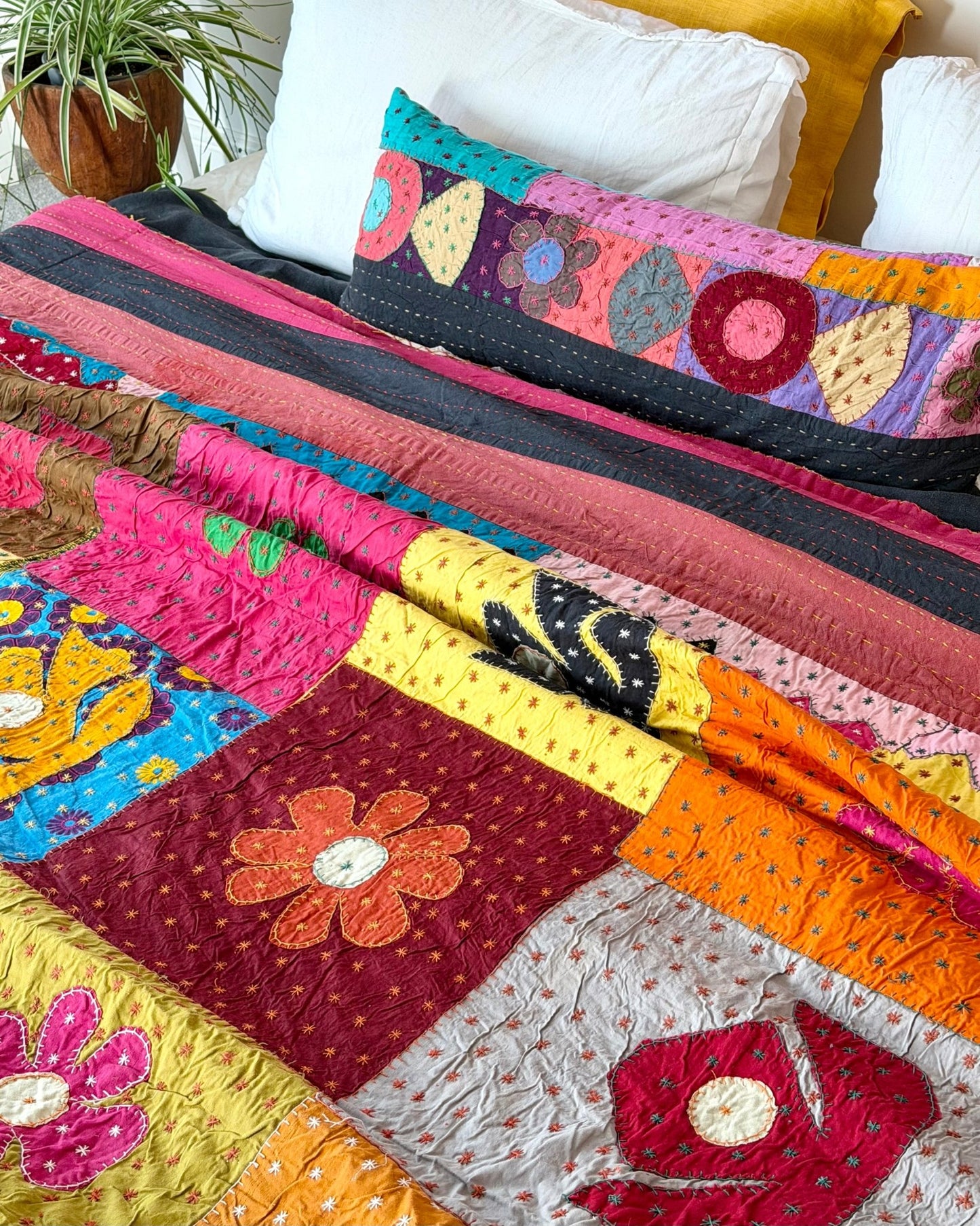 Patchwork Hand Stitched Jogi Bedspread 05 - Double/ King Size - Biggs & Hill