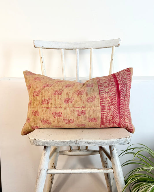 Vintage Kantha Cushion In Pink and Beige - Small Rectangular