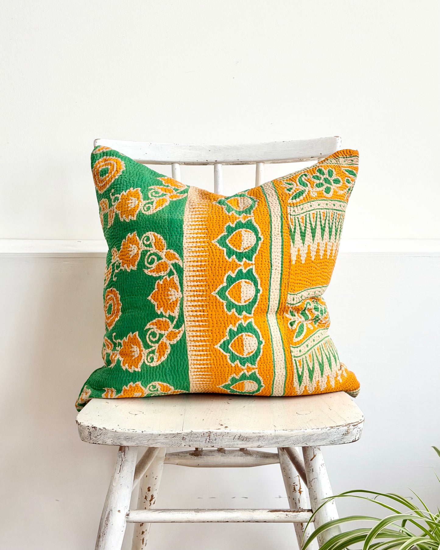 Vintage Kantha Cushion In Green and Orange- 45cm Square