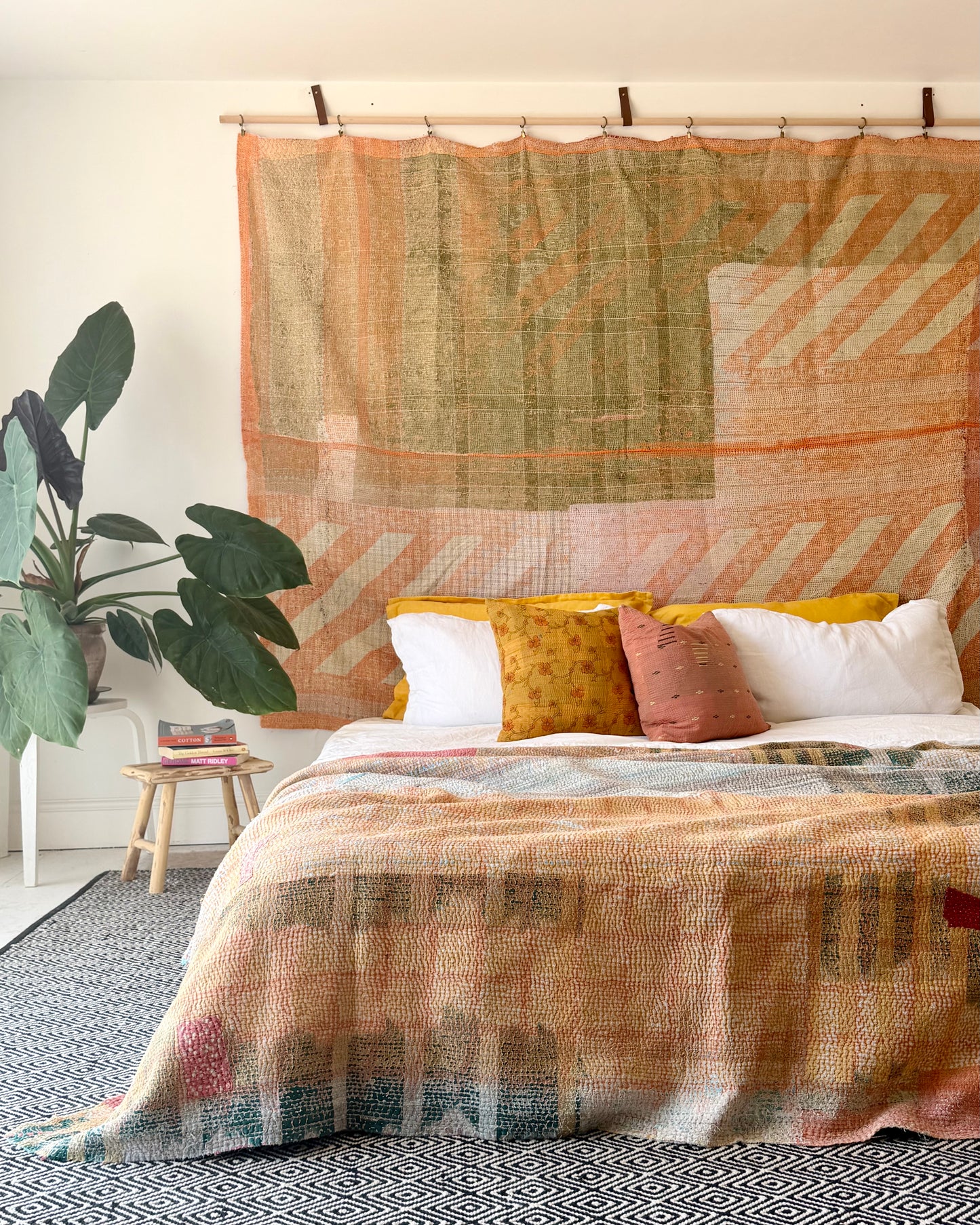 Extra Large Textured Vintage Kantha Quilt in Pink Colour Block and Peachy Pastels