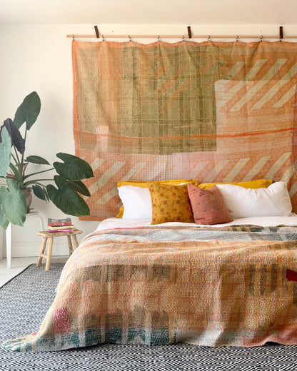 Extra Large Textured Vintage Kantha Quilt in Pink Colour Block and Peachy Pastels
