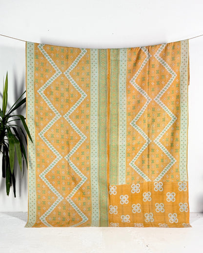 Extra Large Fine Stitched Vintage Kantha Quilt in Geometric Yellow and Green - Biggs & Hill