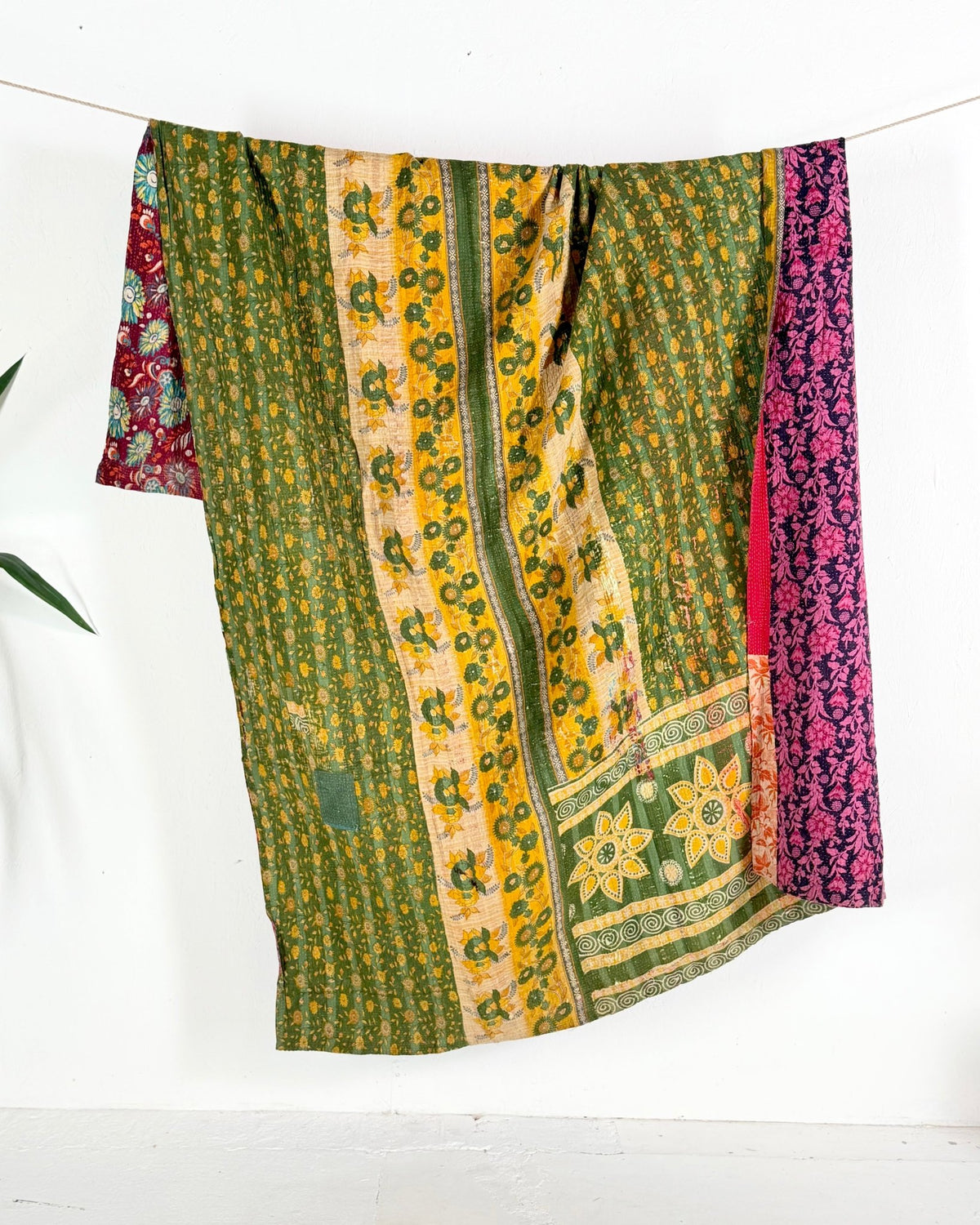 Large Fine Stitched Vintage Kantha Quilt in Bright Pink and Green - Biggs & Hill