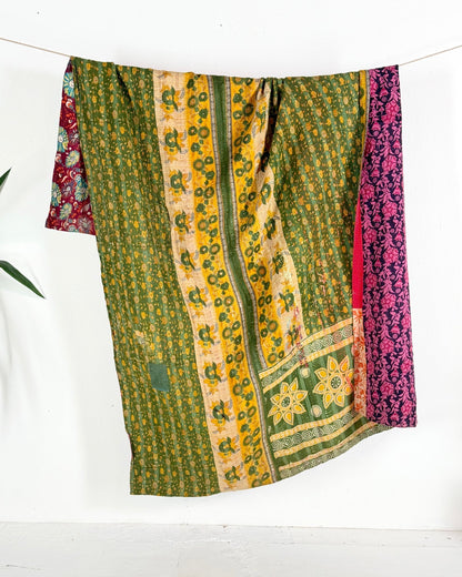 Large Fine Stitched Vintage Kantha Quilt in Bright Pink and Green - Biggs & Hill