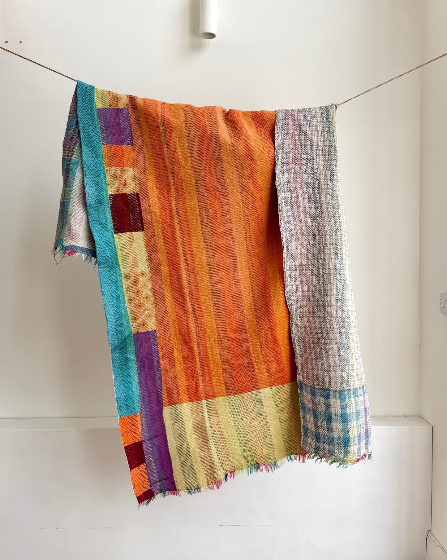 Large Heavy Kantha Blanket Quilt in Pink, Orange and Blue Colour Block - Biggs & Hill
