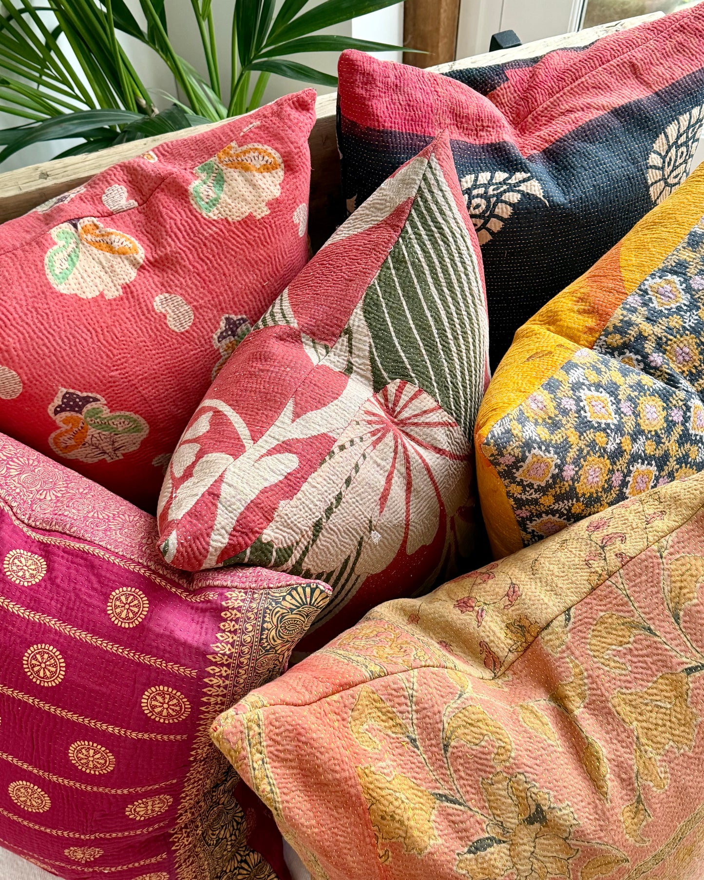 Vintage Kantha Cushion In Burgundy and Gold Dots - 45cm Square