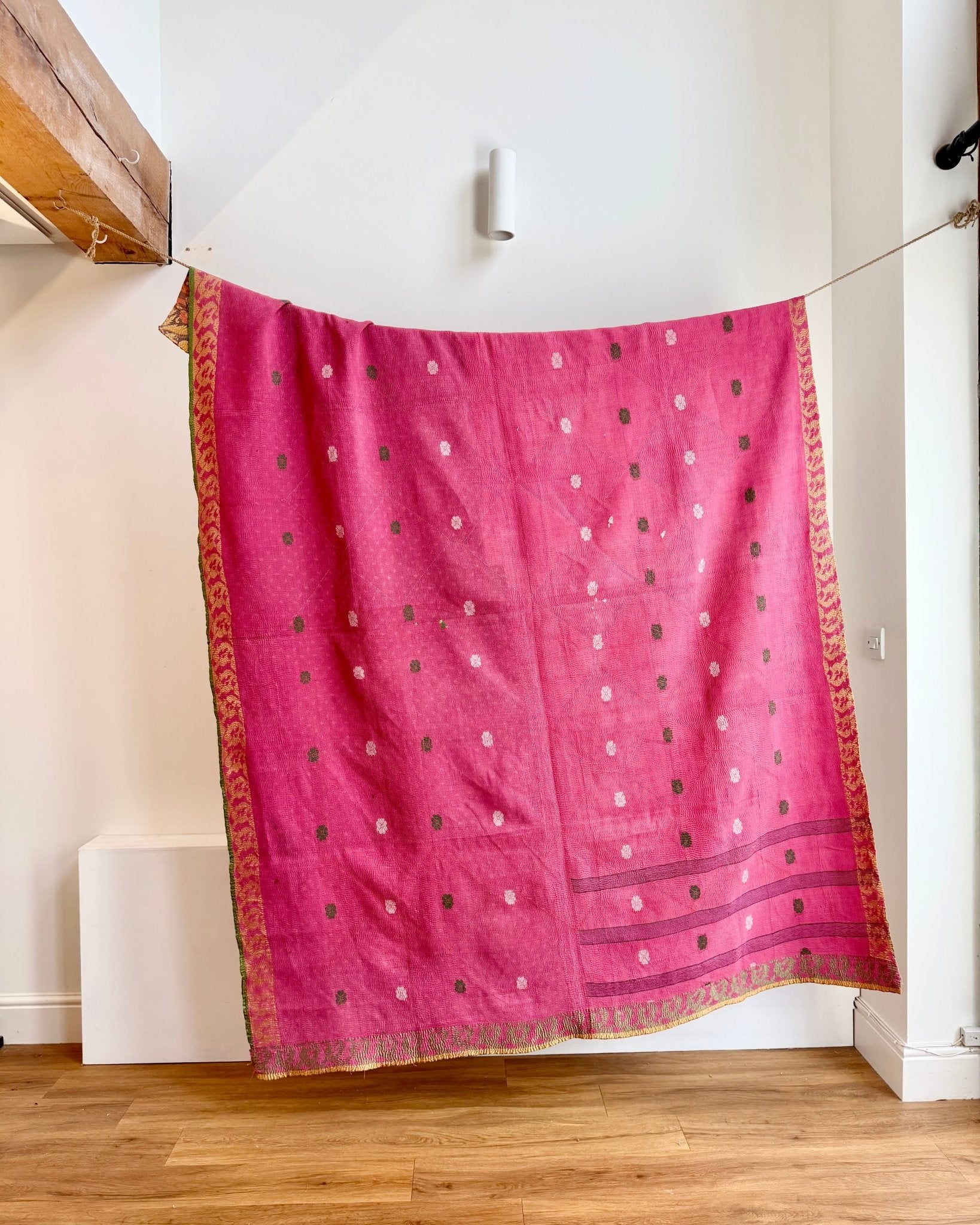 Large Fine Stitched Vintage Kantha Quilt With Yellow and Brown Flame Pattern - Biggs & Hill