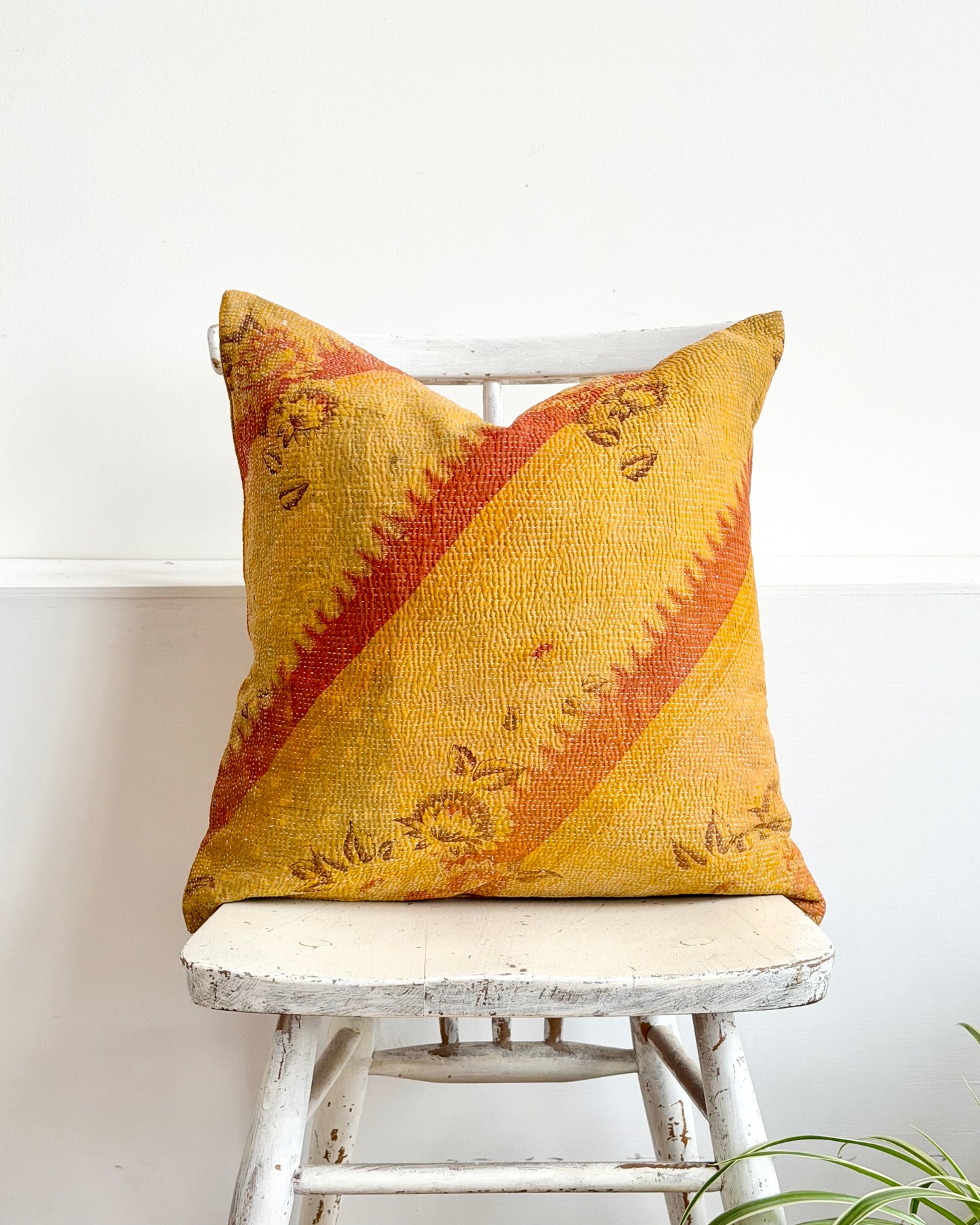 Vintage Kantha Cushion In Yellow and Blue - 45cm Square