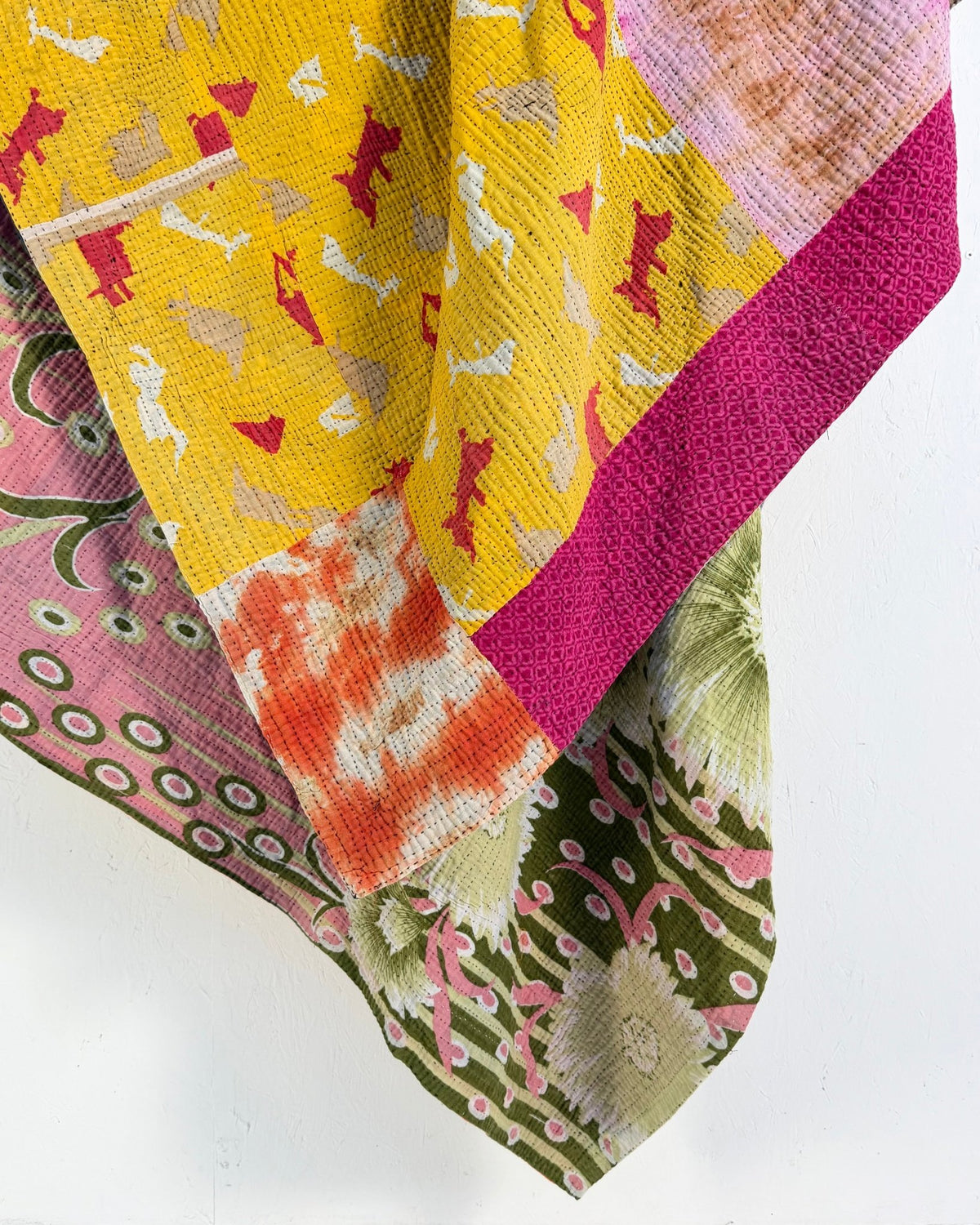 Extra Large Fine Stitched Vintage Kantha Quilt in Vibrant Multicolour Patterns - Biggs & Hill