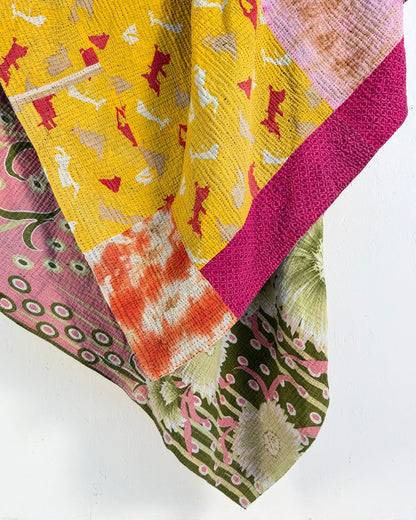 Extra Large Fine Stitched Vintage Kantha Quilt in Vibrant Multicolour Patterns - Biggs & Hill