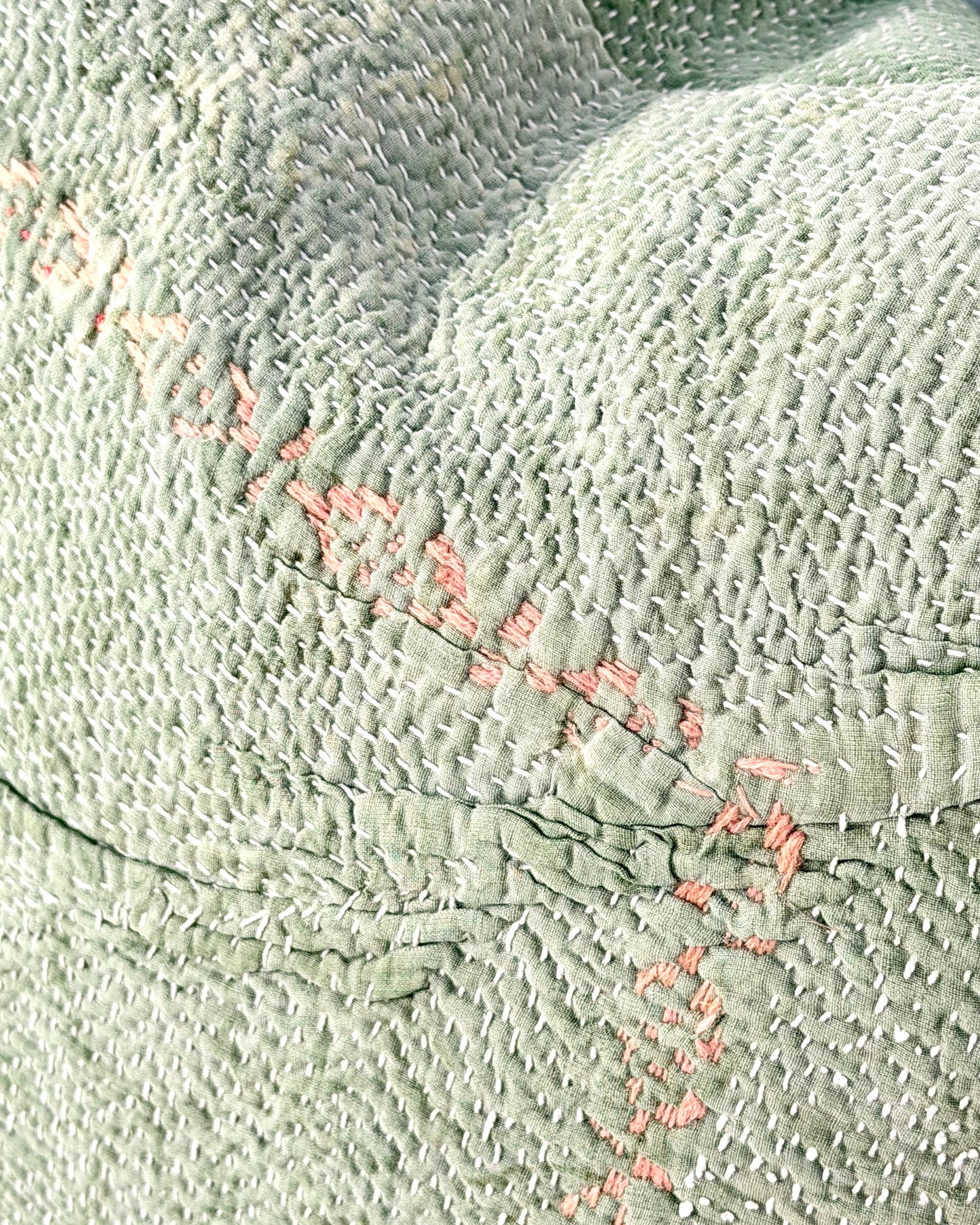 Vintage Kantha Cushion Cover In Soft Green With Orange Embroidery - 45cm Square
