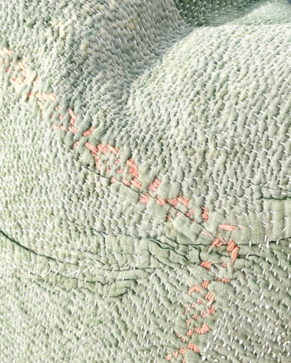 Vintage Kantha Cushion Cover In Soft Green With Orange Embroidery - 45cm Square