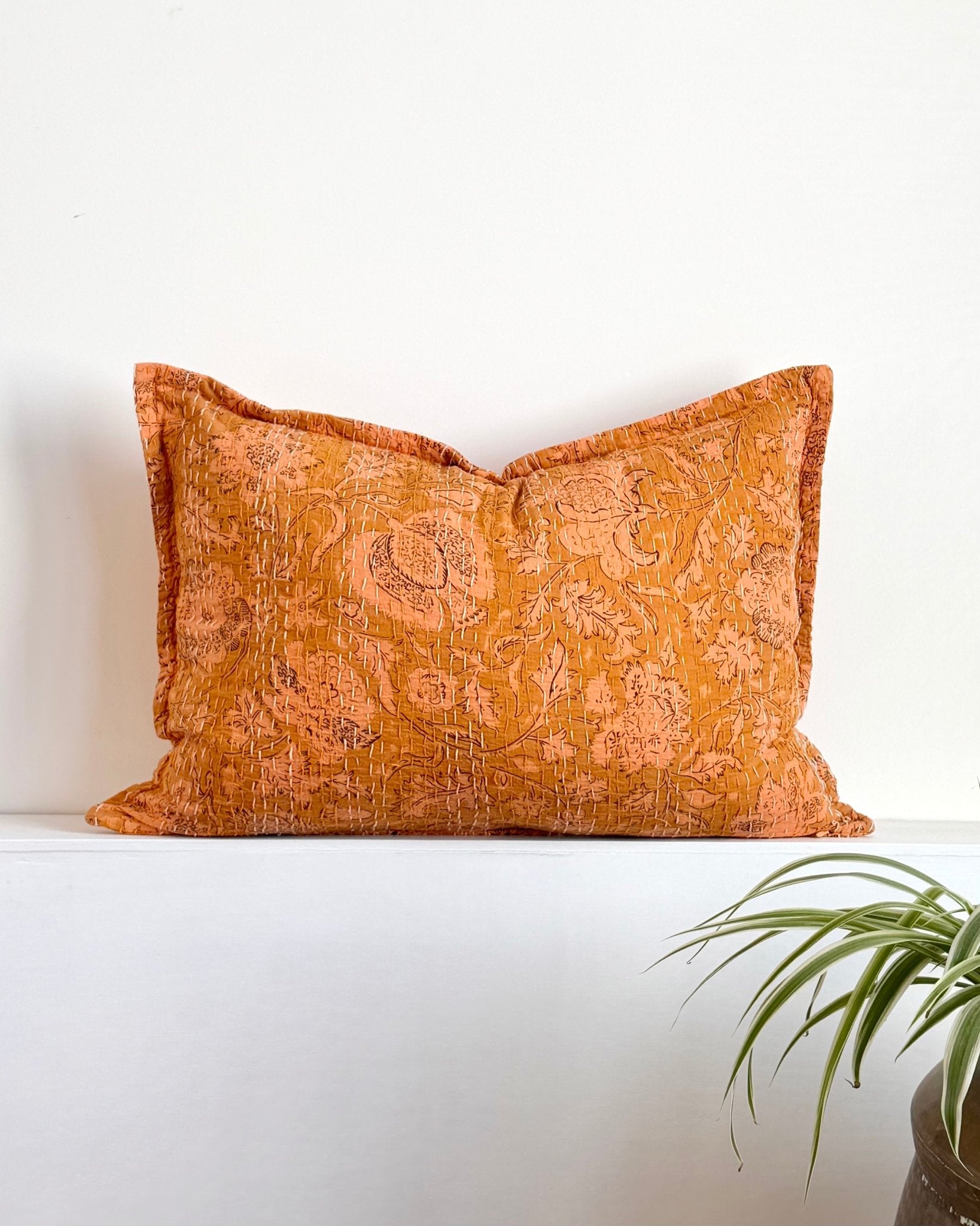 Sunset Orange Floral Block Printed Hand Stitched Rectangular Kantha Cushion - Biggs & Hill