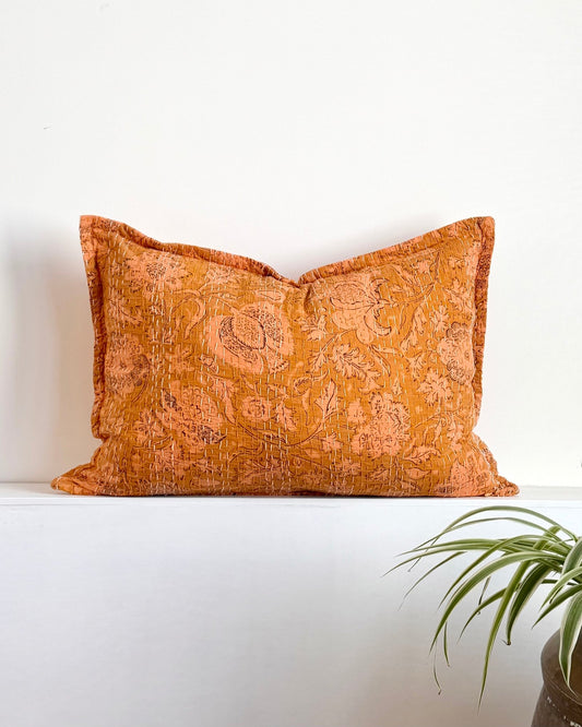 Sunset Orange Floral Block Printed Hand Stitched Rectangular Kantha Cushion - Biggs & Hill
