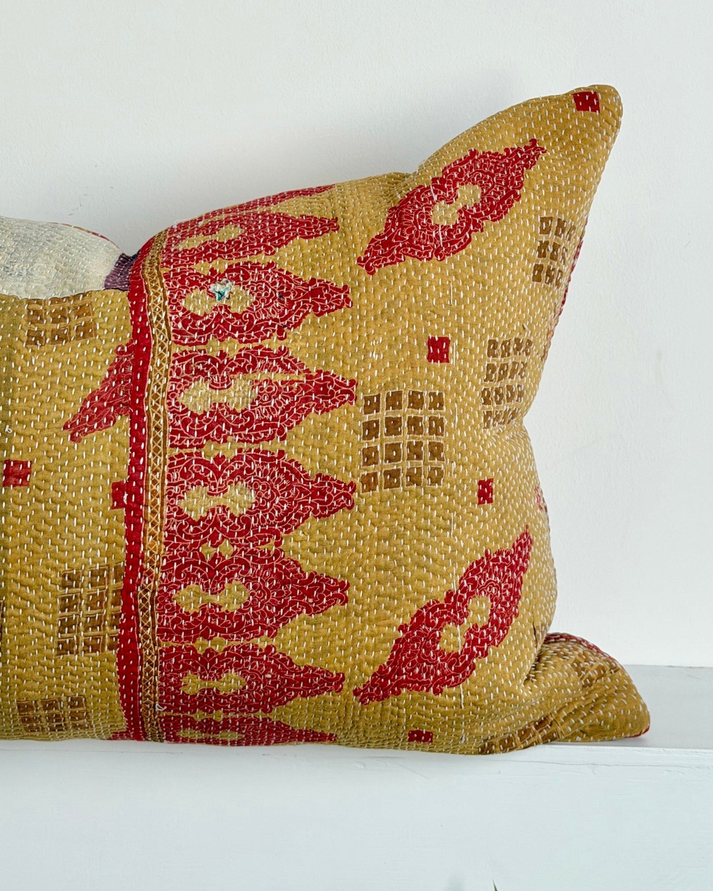 Handmade Vintage Kantha Cushion In Mustard Yellow And Red - Large Rectangular - Biggs & Hill