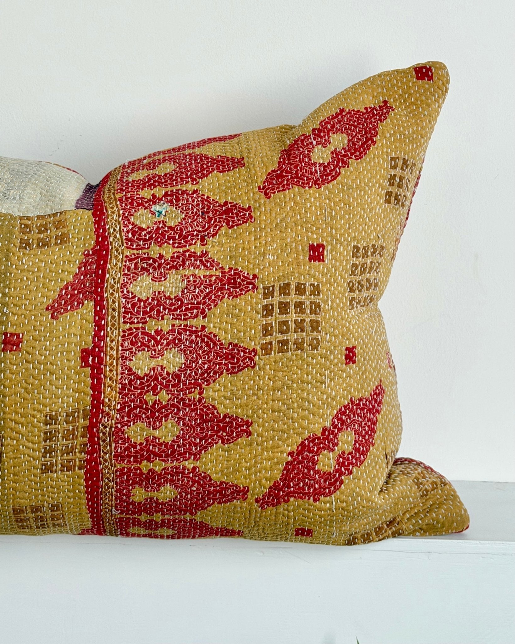 Handmade Vintage Kantha Cushion In Mustard Yellow And Red - Large Rectangular - Biggs & Hill