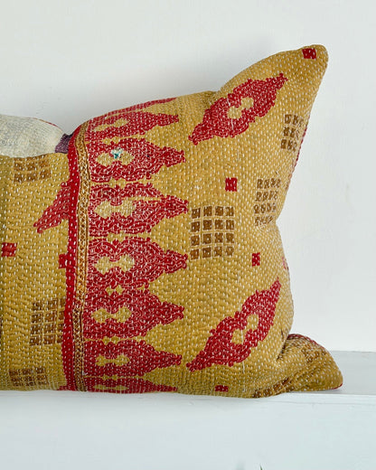Handmade Vintage Kantha Cushion In Mustard Yellow And Red - Large Rectangular - Biggs & Hill