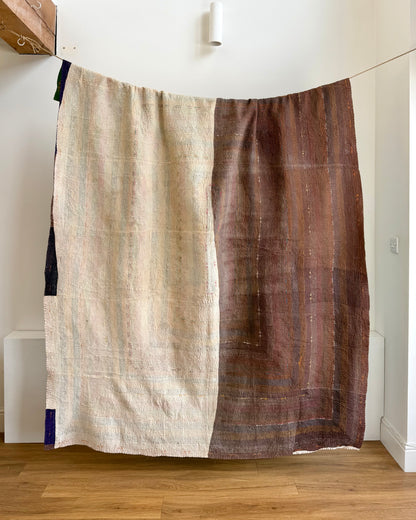 Vintage Embroidered Saami Ralli Quilt in Dark Blue, Green With Brown Colour Block Reverse