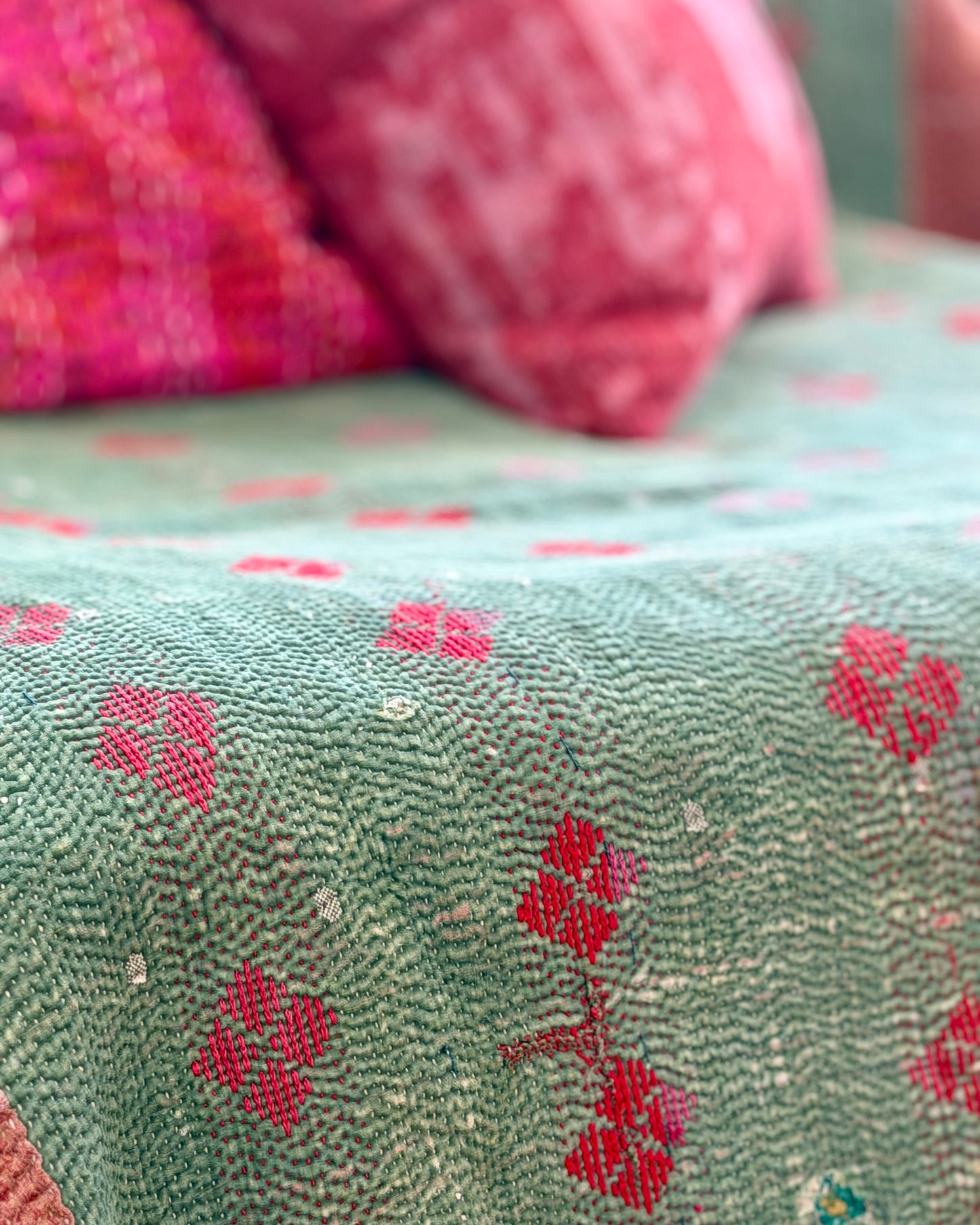 Fine Stitched Thick Vintage Kantha Quilt in Green With Red Embroidery