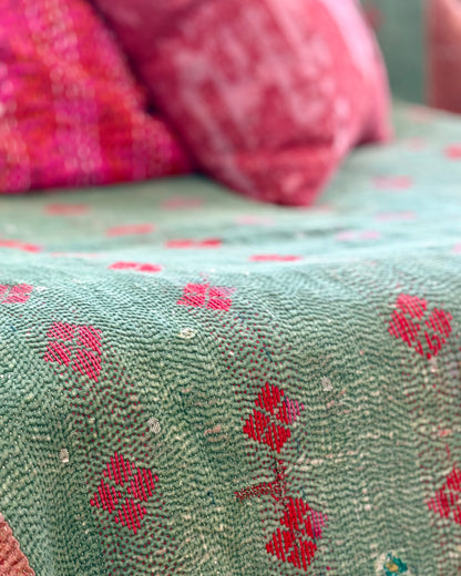 Fine Stitched Thick Vintage Kantha Quilt in Green With Red Embroidery